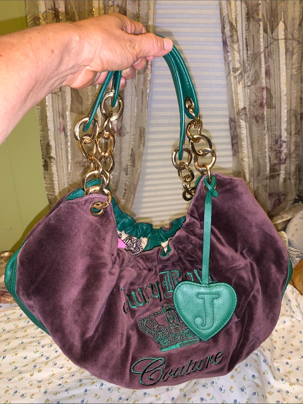 Vintage Juicy Couture Plum Velvet Hobo with Green Trim & Gold Chain